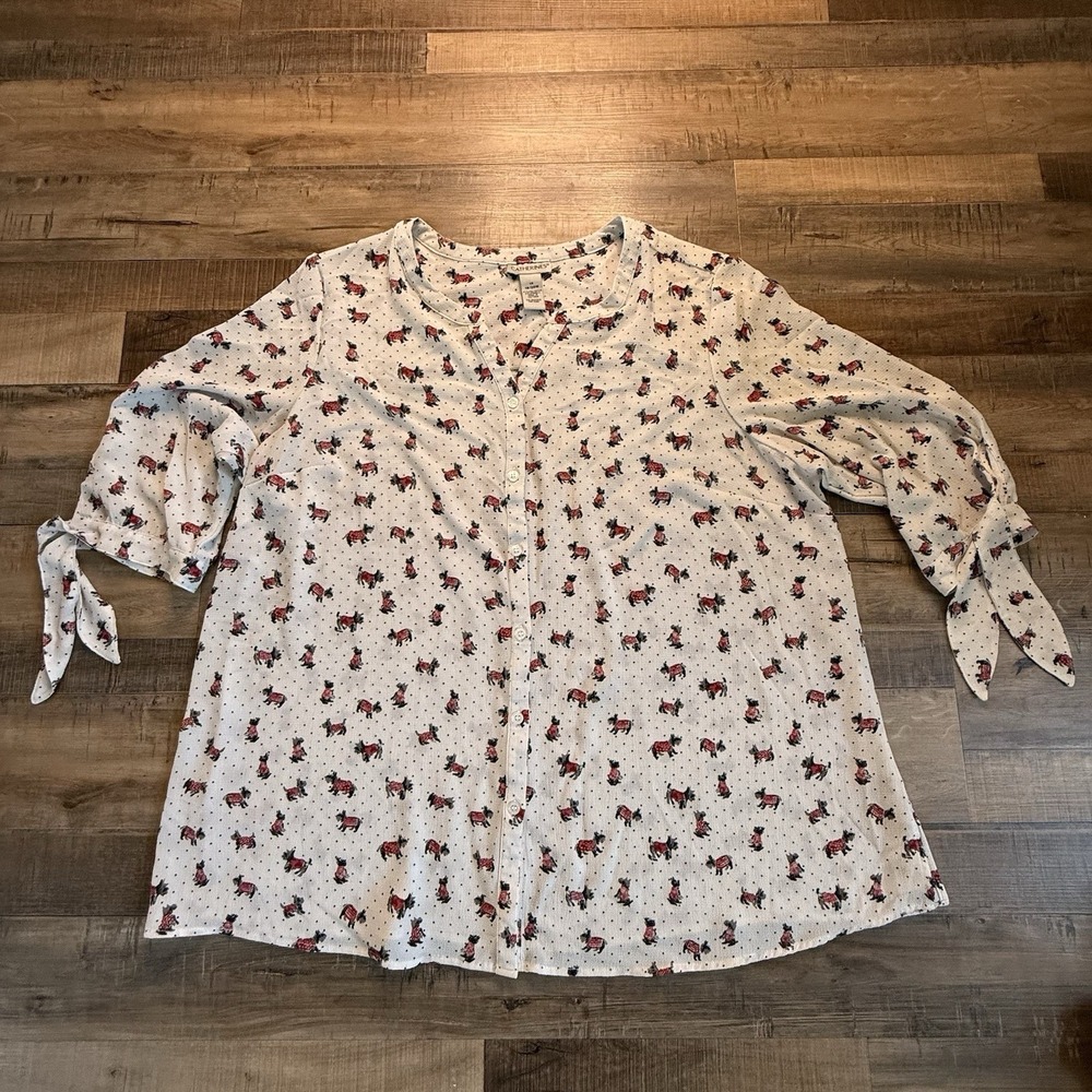 Catherine's Scotty Dog Print Blouse Sz 1X(18-20) Tie Sleeve‎